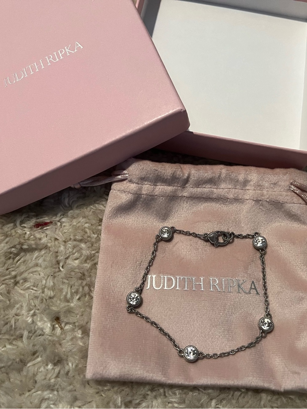 Judith Ripka Sterling Silver Station Bracelet with Pink Pouch 10”